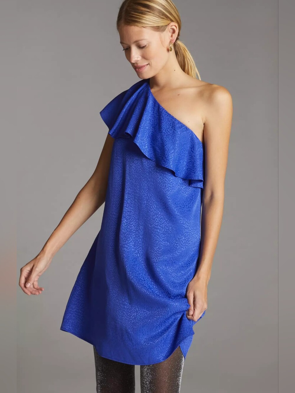NWT Anthropologie Ruffled One-Shoulder Mini Dress Blue Size 0 XS